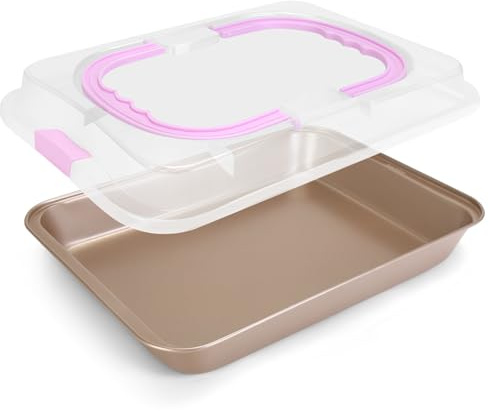 EsOfficce Rectangular Cake Pan with Lid, 9 x 13 Inch Baking Pan With Lid and Handle, Nonstick Bakeware Bake & Roast & Cook Carrier Pan, Champagne
