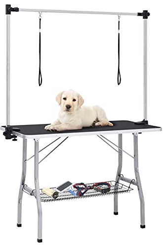 BAZZI Mesa ajustable para perros con 2 trabillas y cesta, mesa de peluquería para perros