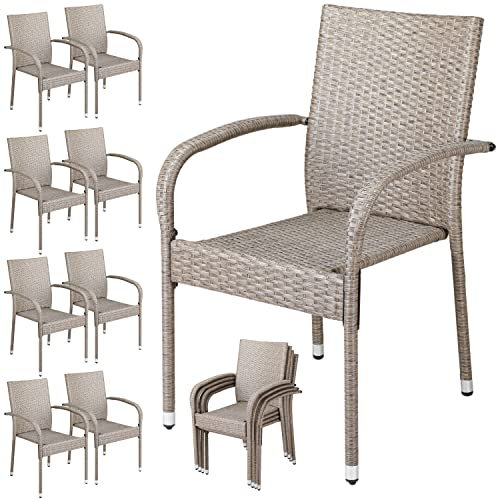 Casaria® Polyrattan Gartenstuhl 8er Set Stapelbar Höhenverstellbar 160 kg Belastbarkeit Armlehne Garten Balkon Terrasse Stapelstuhl Gartensessel Creme