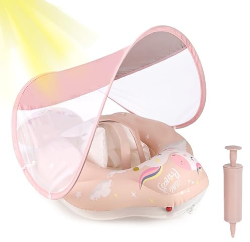 ANSTEN Schwimmring Baby mit Sonnendach Aufblasbare Baby Float Schwimmring Shwimmreifen Baby mit aufblasbarer Schwimmboje,Schwimmhilfe Spielzeug,Baby Schwimmring ab 3 Monate~12 Monate-Rosa