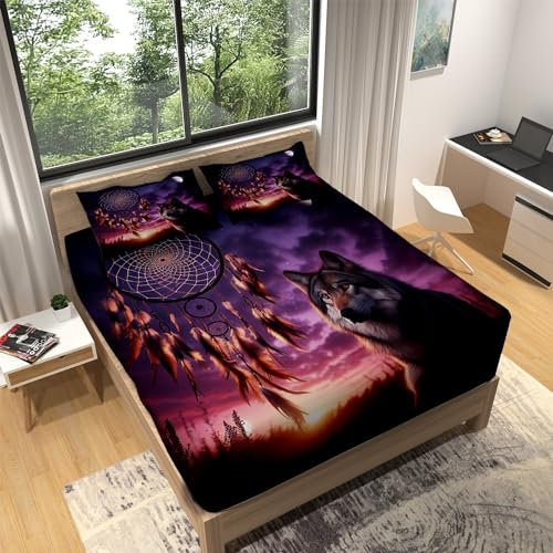 Generic Spannbettlaken 180x200cm TraumfäNger Und Tierwolf Lila Spannbetttuch Weiche Atmungsaktiv Hypoallergen Microfaser mit 2 Kissenbezug, Spannbetttücher Zur Kinderzimmerdekoration