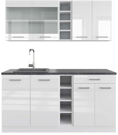 Vicco Singleküche R-Line, Weiß Hochglanz/Weiß, 160 cm, AP Anthrazit, mit Flexibler Anordnung der Module und erweiterbar