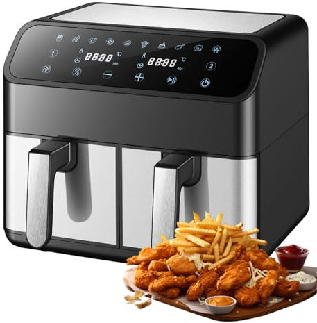 Doppelkammer Heißluftfritteuse, 8L (2x4L),2 Speisen gleichzeitig, 8 Programme,Dörrer Funktion, Dual Zone, Airfryer, Touchscreen,Synchronisieren Fertig Technik,Schwarz (Schwarz)