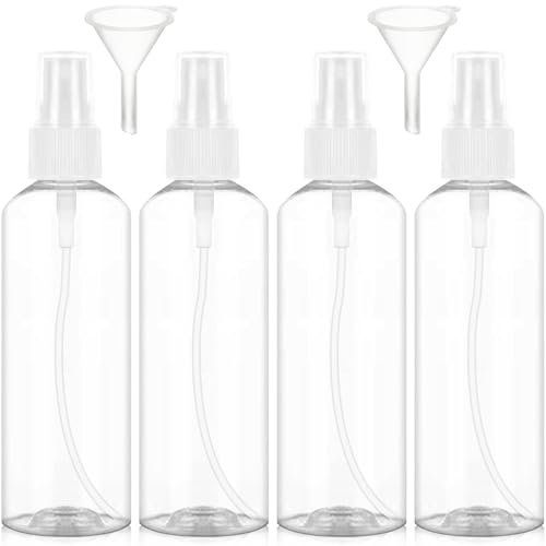 Redamancy 4PCS Spray Bottles, 100ml/3.38oz Atomiser Spray Bottle, Plastic Refillable Travel Spray Bottle, Transparent Travel Bottle Set, for Cleaning, Perfume, Make-up with 2 Pieces Funnel