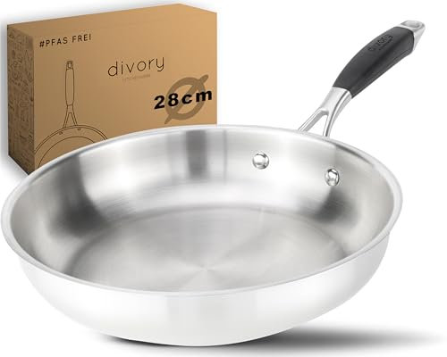 DIVORY Stainless Steel Frying pan 28 cm – Uncoated, PTFE & PFOA-Free, Induction-Compatible, Large Stainless pan Without Coating (PURA, 28 cm)