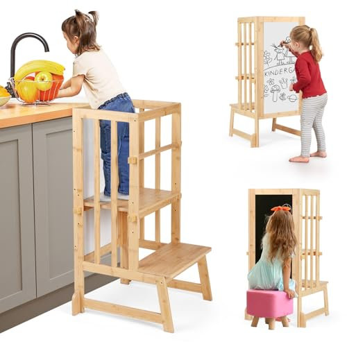 3 Stufen Höhenverstellbar Lernturm und Tritthocker für Kinder, A förmiger Struktur, Sicherheitsgeländer, Für Kinder im Alter von 18-36 Monaten, Montessori Küchenhelfer, Bambusholz,Natural
