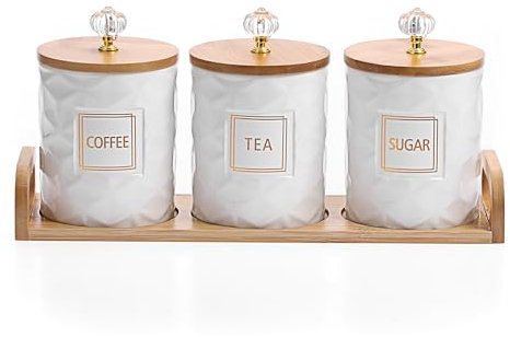 JUXYES Set of 3 Ceramic Canisters Set for Sugar Coffee Tea With Handle Tray, Luxurious Storage Containers Sets with Lids Decorative Storage Pots White Ceramic Storage Jar for Kitchen Dining Counter