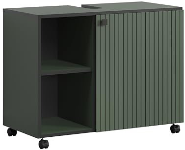 trendteam smart living - PureBliss - Armario para Debajo del Lavabo con Ruedas - Verde - Aspecto de Ranuras - 2 Compartimentos Abiertos + 1 Estante - 80 x 64 x 42 cm - Asas metálicas Elegantes