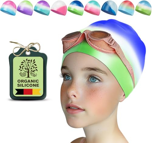 Juclise Swimming Caps for Kids，Girls and Boys, Stretchy Silicone Design, Comfortable Fit for Long and Short Hair (Blue-Green, Age 9-15)