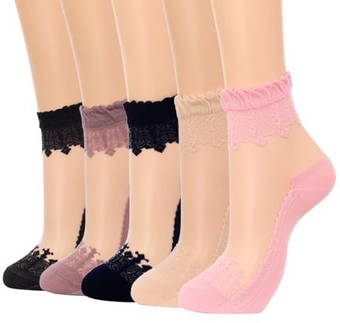 IYOU Femmes Transparentes Chaussettes Rose Dentelle Maille Chaussettes Eté Traditionnelles Transparente Chaussettes pour Femmes et Filles (5 Paires)