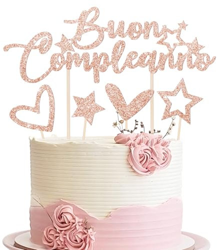 BOOMTOP 9pz Topper Torta Buon Compleanno in Italiano Cake Topper in Carta Glitter per Decorazione Torta Dolci Cup Cake Compleanno Oro Rosa