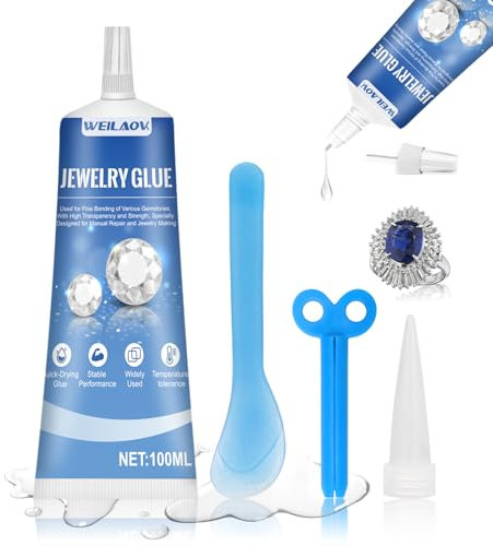 WEILAOK Pegamento para Bisutería, Pegamento para Pedrería en Tela, Pegamento para Joyas, Transparente y Hermoso, Aislado EImpermeable, Apto para La Fabricación y Reparación de Joyas,100 ml