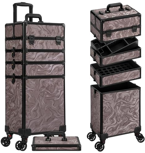 JINGUAN Profesional Rolling Makeup Train Case with Lid, 5 in 1 Cosmetology Case on Wheels, Large Cosmetic Trolley Organizer Travel for Hairstylist Artist Nail Beauty Salon Barber, Brown Ink, 5 in 1