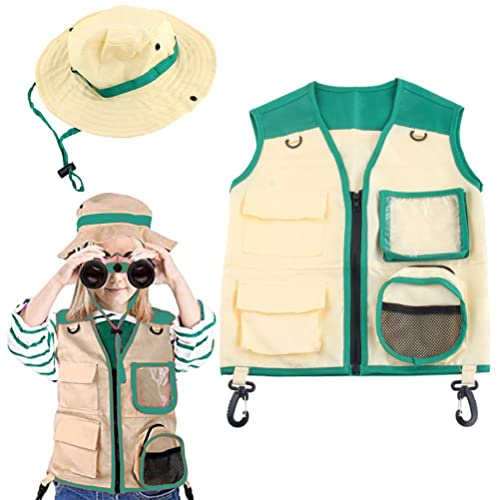 Qudinip Juego de Disfraces para Niños Explorer, Chaleco de Carga y Sombrero, Kit de Aventura Al Aire Libre, Equipo de Explorador para Niños Juega de Rol de Cosplay con Cordones de Dibujo (Verde)