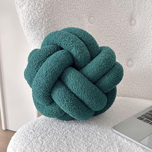 Knot Pillow Ball Soft Home Decorative Round Throw Pillow, Handmade Plush Knotted Pillows for Home Bed Couch Living Room Decor (Dark Green, 8.6 inch)