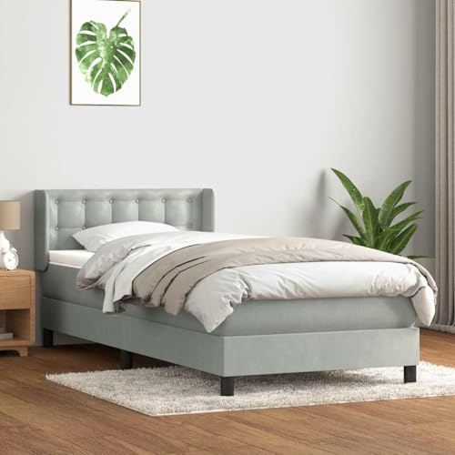 Emmtore Boxspringbett mit Matratze Hellgrau 90x220 cm Samt, Bett, Schlafzimmermöbel, Bettrahmen, Schlafzimmerbett, Bettgestell, Einzelbett, Polsterbettsku3318477