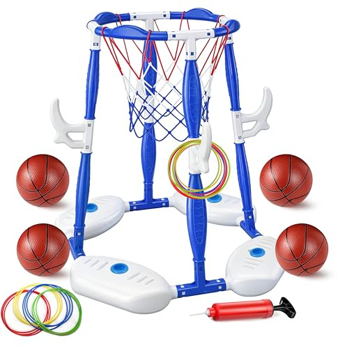LPFG Pool Basketball Hoop, 2-in-1 Floating Basketball Hoop & Ring Games with 4 Balls 12 Rings and Pump, Outdoor Family Party Water Swimming Pool Basketball Float Toys for Kids Ages 4-8 8-12