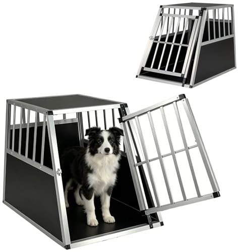 GYMAX Transportín de Aluminio para Perros Gatos, Transporte para Coche Mascotas con Cerradura, Estructura de Metal, Caja de Transporte Robusto y Fácil (91 x 65 x 69,5 cm)