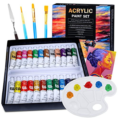 VICBAY 24 Tubos Pinturas Acrílicas para Pintar, Juego de Pinturas Acrílicas, Paquete de 24 x 12 ml, 3 Pinceles, 1 Tableros de Dibujo, 1 Raspador, 1 Paleta, No Tóxicos para Principiantes o Niños