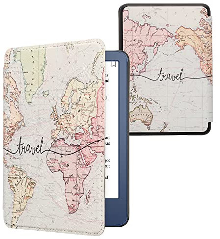 kwmobile Klapphülle kompatibel mit Amazon Kindle (2022/2024) Hülle - eReader Case - Travel Schriftzug Schwarz Mehrfarbig