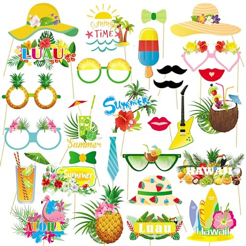 Sprinlot Fotobox Requisiten Hawaii, 29 Stück Hawaii Foto Booth Props, Luau Party Fotorequisite, Foto Accessoires Party für Sommer Strand Geburtstag