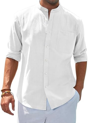 siliteelon Leinenhemd Langarm Stehkragen Herren Hemd Casual Sommer Businesshemd Regular Fit Freizeithemd Beach Leichte Shirt Weiß L