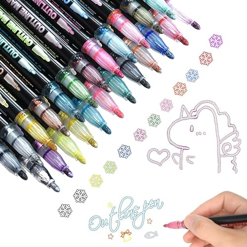 Gondiane Double Line Outline Pens, 24 Colors Outline Markers Outline Metallic Markers Pen for Highlight, Art, Drawing, Greeting Card, Xmas Cards, Scrap Booking, Posters