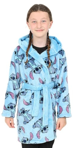 Peignoir à capuche en polaire bleu Lilo et Stitch pour filles, robe pour enfants Disney, bleu, 9-10 ans