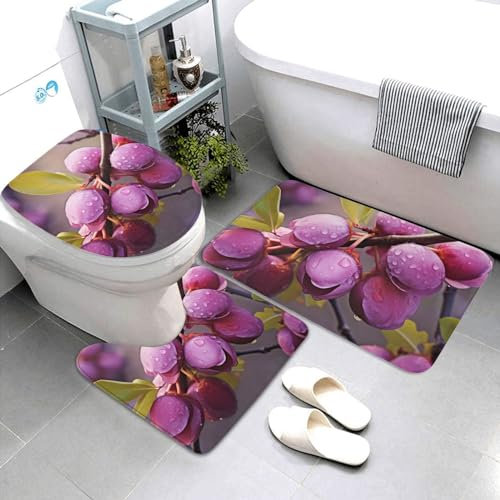 HaLvah Badezimmerteppich, Badteppiche für Badezimmer, blühende Pflaume, rutschfeste Badematten, Badezimmerteppich-Set, 3-teilig, saugfähig, Badteppich, WC-Vorleger für Badezimmer, Plüsch,