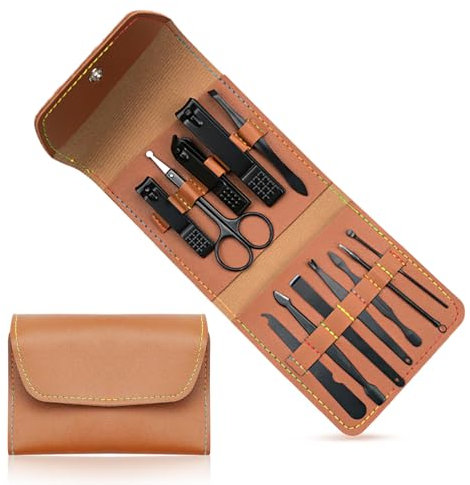 Maniküre Set, Pediküre Nagelschere 12 Teilig Edelstahl Nagelset mit PU Ledertasche Tragbarer Reisen Nagelpflegeset Nagelpflege Werkzeuge für Damen und Herren (Schwarz)