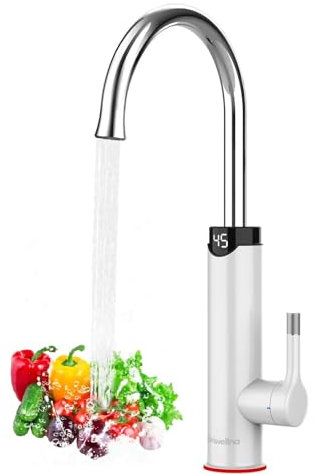 Briwellna 220V Elektrischer Wasserhahn mit Durchlauferhitzer, 360 Grad drehbarer Kalt- und Warmwasserhahn, schnell aufheizende Küchenarmatur mit Digitalanzeige (Weiß)