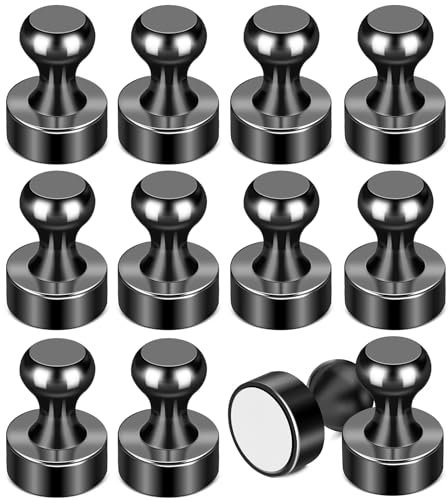 Fridge Magnets, 12 Pack Strong Magnets Magnetic Push Pins, 12 x 16 mm Small Round Magnets for Whiteboard, Crafts, Photo, Map, Office, Mini Magnets (Black)