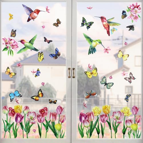 Kapokr 10 fönsterbilder sommar dekoration fönsterbilder självhäftande fönsterklistermärken blommor fönsterklistermärken vår fönsterfilm blommor, fjärilar, fåglar, lämplig fönsterdekoration