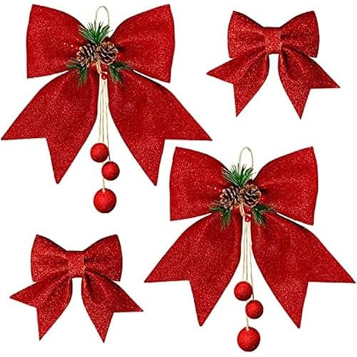 Sykerout Lot de 4 nœuds de Noël, Noeud Rouge Sapin, nœuds à Paillettes Rouges, Grands nœuds pour Sapin de Noël, Grands nœuds de Noël, Guirlande de décoration pour Sapin de Noël