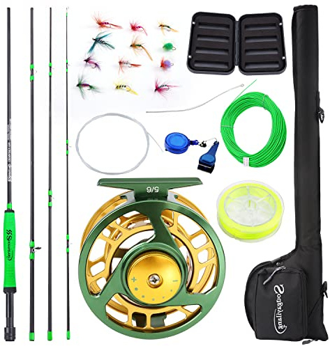 Sougayilang Kit Standard per Pesca a Mosca Combo Starter, peso 5/6 canna da mosca 9' con impugnatura SuperPolymer, accessori, mulinello da mosca CNC, borsa da trasporto, scatola portamosche e mosche