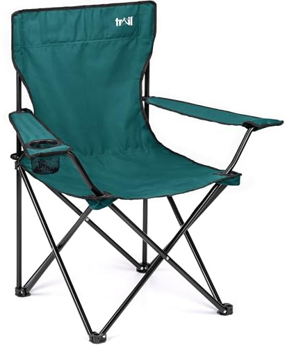 Trail Folding Camping Chair with Cup Holder, 100kg Capacity, Teal | Tubular Steel Frame, Fast-Drying Polyester, Cup Holder Armrest, Carry Bag Included, Strong Steel Scissor Frame, Wide Armrests