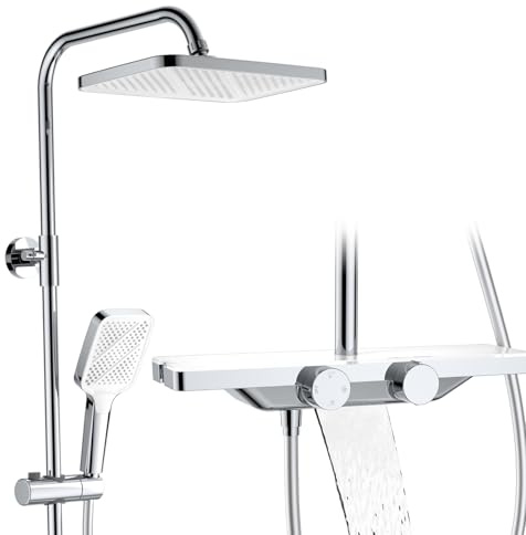 HOMELODY Duschsystem mit Thermostat und Glasablage Chrom - Duscharmatur Komplettset mit 30cm, Handbrause 3 Strahlarten und Unterer Auslauf - Duschset Regendusche mit Armatur