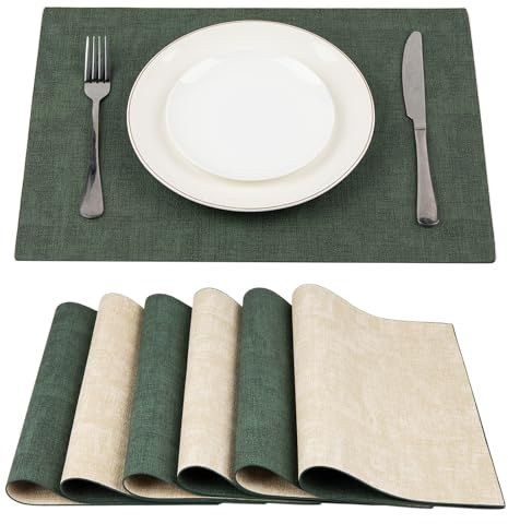 SUEH DESIGN Tovaglietta in Pelle Set di 6 Tovagliette Ecopelle Lavabile Impermeabili Resistente al Calore per Cucina Domestica Ristoranti e Hotel 43cm x 31cm, Verde scuro e beige