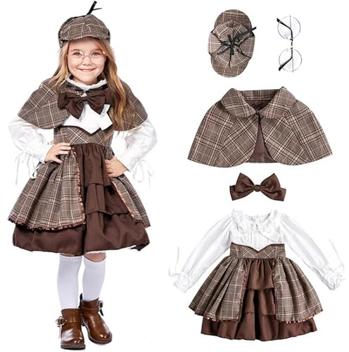 Runstarshow Costume victorien de détective pour fille - Costume d'Halloween 5 pièces - Robe, casquette, cape, nœud papillon et lunettes - Âge 2 à 12 ans