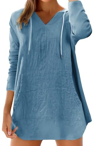Generisch Sudadera con capucha para mujer, ligera, de algodón y lino, manga larga, cuello en V, blusa de lino con capucha, tallas grandes, sudadera monocolor, túnicas básicas, camiseta larga con