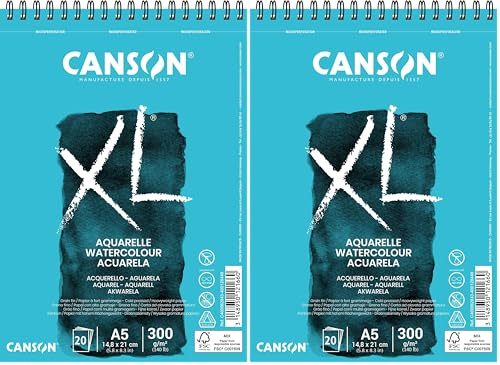 CANSON XL Watercolour 300gsm A5 Paper, Cold Pressed, Spiral Pad Short Side, 20 White Sheets, Ideal for Professional Artists (Pack of 2)