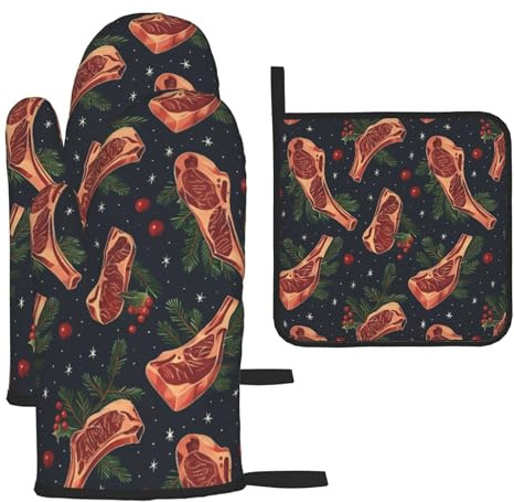 Festive Prime Rib Meat and Fruit Oven Mitts and Pot Holders 3pcs Set Heat Resistant Kitchen Gloves