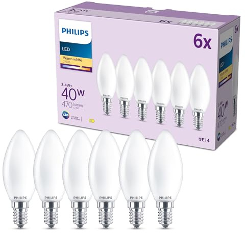 Philips LED-ljuskälla, 6-pack, B35, E14, 470 Lumen, 40 W, Kronljusdesign, LED Lampa, Lång Livslängd, Belysning med Varmvitt Ljus, 2 700 K, Frostad Glödlampa | 40 W, olivdesign, 470 lm, varmt vitt ljus, 2 700 K, längre livslängd 25 000 timmar, energieffektiv