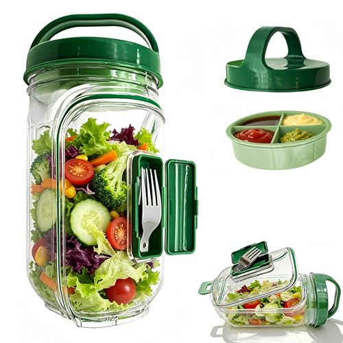 2026 Edición mejorada de ensalada en frasco Mason, contenedor de ensalada de apertura lateral, contenedor de ensalada portátil con taza para aderezo y tenedor, contenedor de almuerzo portátil