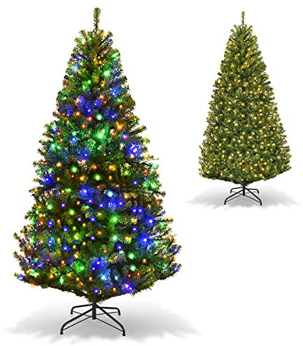 COSTWAY Albero di Natale 120/150/180/210 cm, Albero di Natale con Luci Incorporate 11 Modalità di Illuminazione, 300/600/1000/1570 Rami e Base in Metallo, Perfetta per Casa e Negozio (180cm)