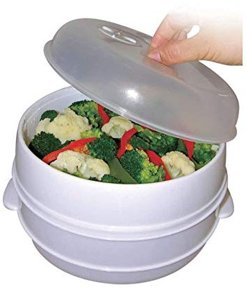 Dependable 2 Tier Microwave Steamer, Healthy Cooking, Quick Fast Vegetables, Fish, Shellfish, Oil Free Cooker, White, Plastic, Two-tier steamer, Vented lid