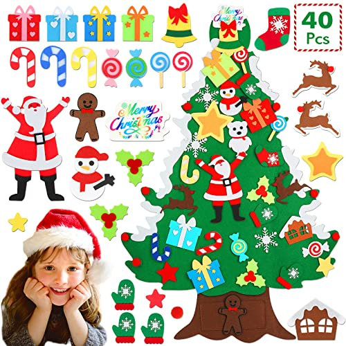Albero di Natale in feltro bambini DIY, 100 * 68cm con luci a LED e 40 Ornamenti, da Parete, Porte, finestra, Camera dei bambini, soggiorno, Ufficio, Aula