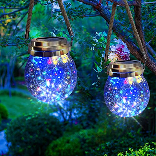 XVZ Solar Lights for Outdoor Decoration, Pack of 2 Spherical Glass Lanterns for Outdoor Garden IP65 Waterproof for Yards, Trees, Porches, Gazebos, Patios (Multi-Colour)