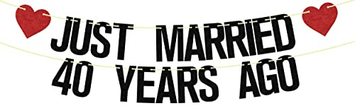 Just Married 40 Years Ago Banner, 40th Wedding Anniversary Party Banner Decorations, We Still Do 40th Banner, 40 Years Blessed & Loved Decorations Supplies Black Red Glitter…