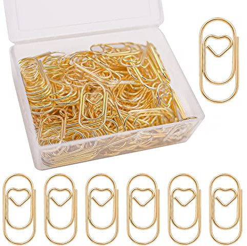 luckaide Büroklammern Herz Gold 130 Stück Büroklammern Set mit Transparentbox Klein Büroklammer Oval Motiv für Büro, Klassenzimmer, Aktenklammer